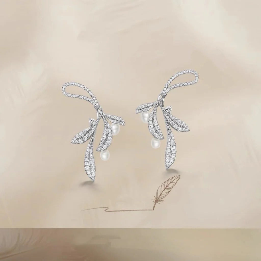 BOUCLES D’OREILLES EN ARGENT STERLING FEUILLES MURMURANTES AVEC PERLES