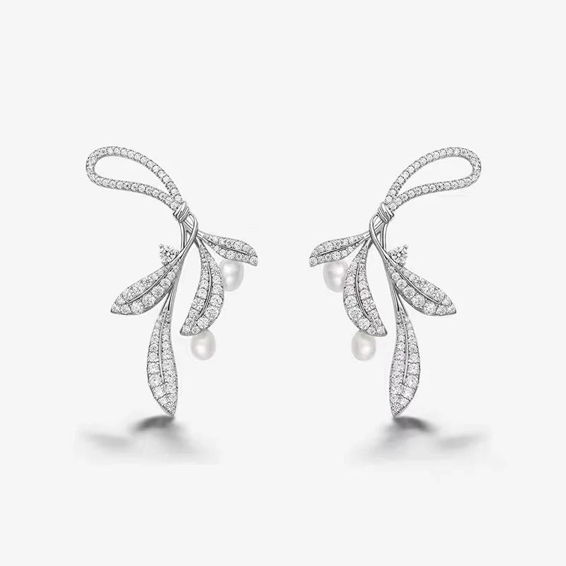 BOUCLES D’OREILLES EN ARGENT STERLING FEUILLES MURMURANTES AVEC PERLES
