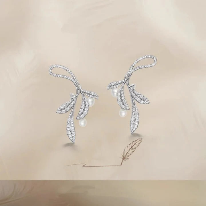 BOUCLES D’OREILLES EN ARGENT STERLING FEUILLES MURMURANTES AVEC PERLES