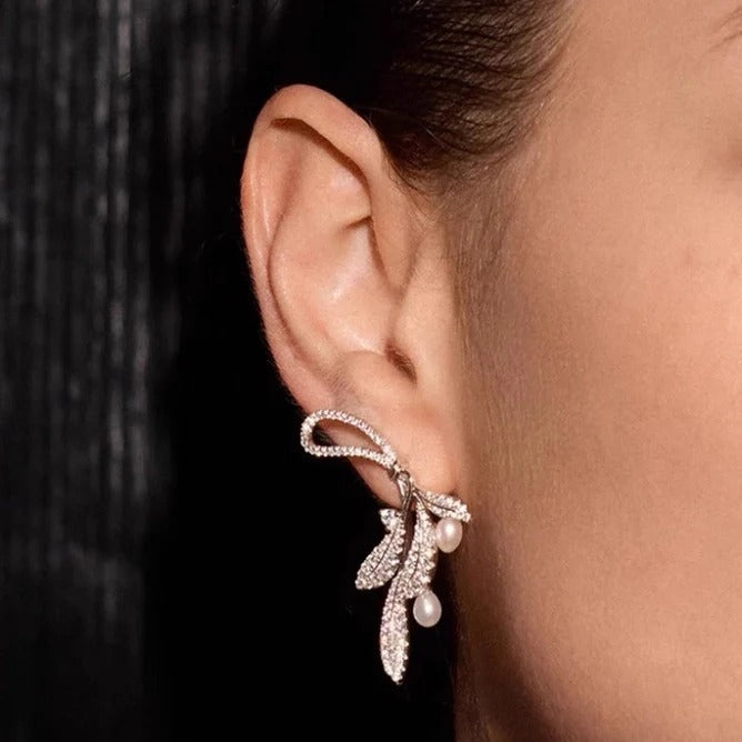 BOUCLES D’OREILLES EN ARGENT STERLING FEUILLES MURMURANTES AVEC PERLES