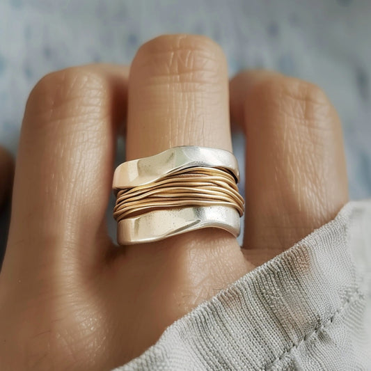 BAGUE EN ARGENT À FIL DORÉ