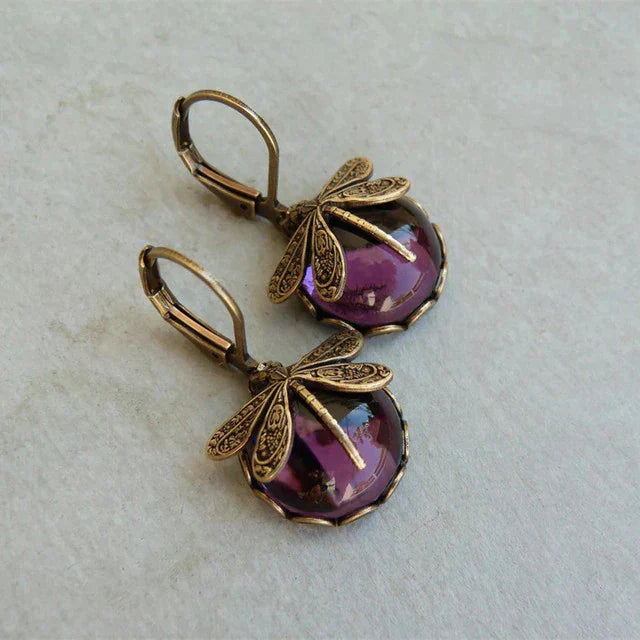 BOUCLES D’OREILLES LIBELLULE EN OR ANTIQUE AVEC ORBE