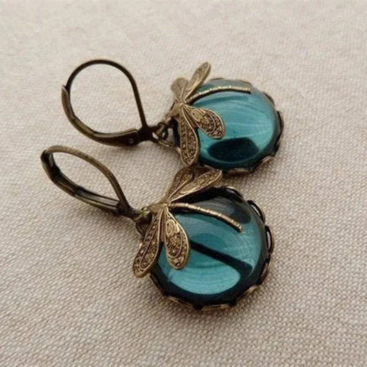 BOUCLES D’OREILLES LIBELLULE EN OR ANTIQUE AVEC ORBE