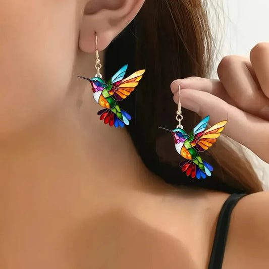 BOUCLES D’OREILLES PENDANTES COLIBRI EN ACRYLIQUE – DESIGN D’OISEAU 2D ÉCLATANT